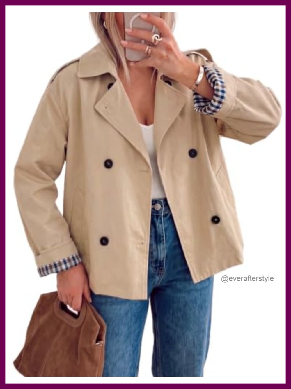 Cropped Trench Coat Double Breasted Jacket Plaid Lining Women's